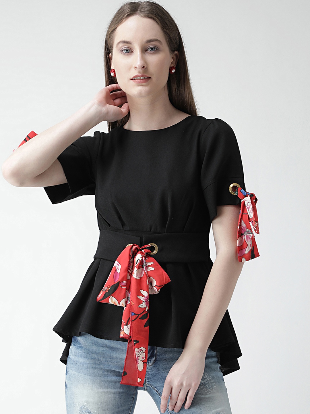 

KASSUALLY Women Black Solid Peplum Top