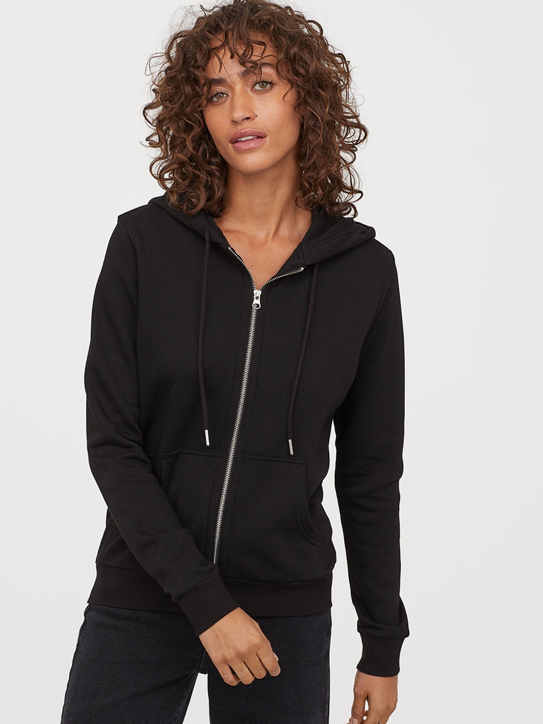 

H&M Women Black Solid Hooded Jacket