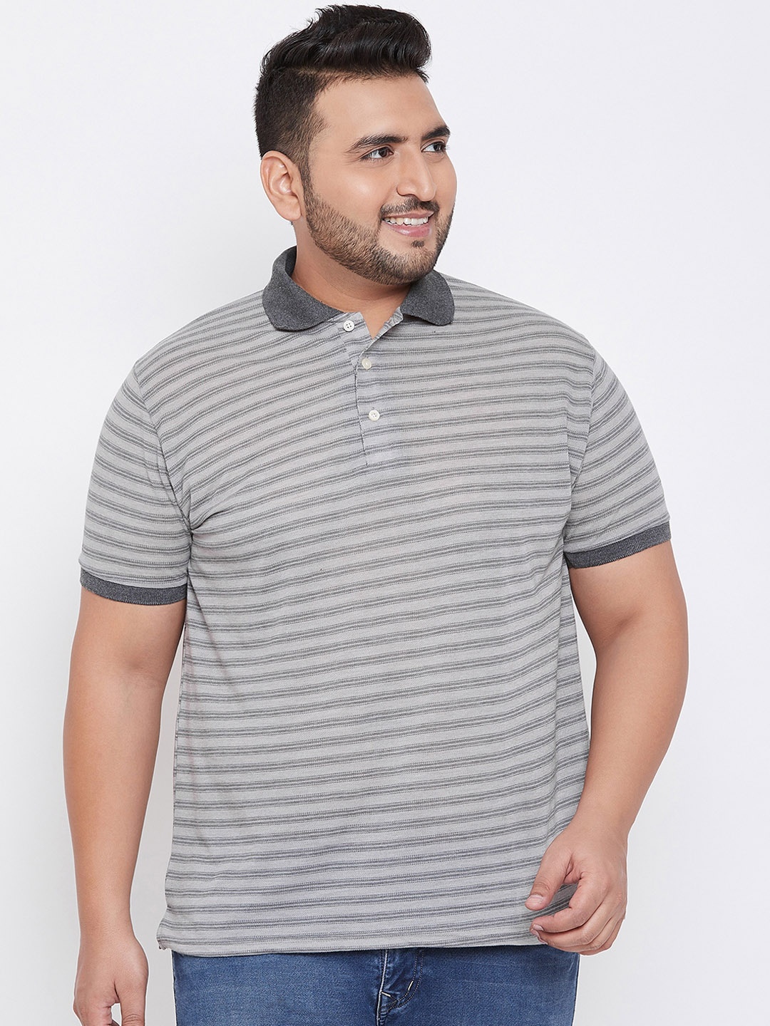 

bigbanana Plus Size Men Grey Striped Polo Collar Bio Finish Pure Cotton T-shirt