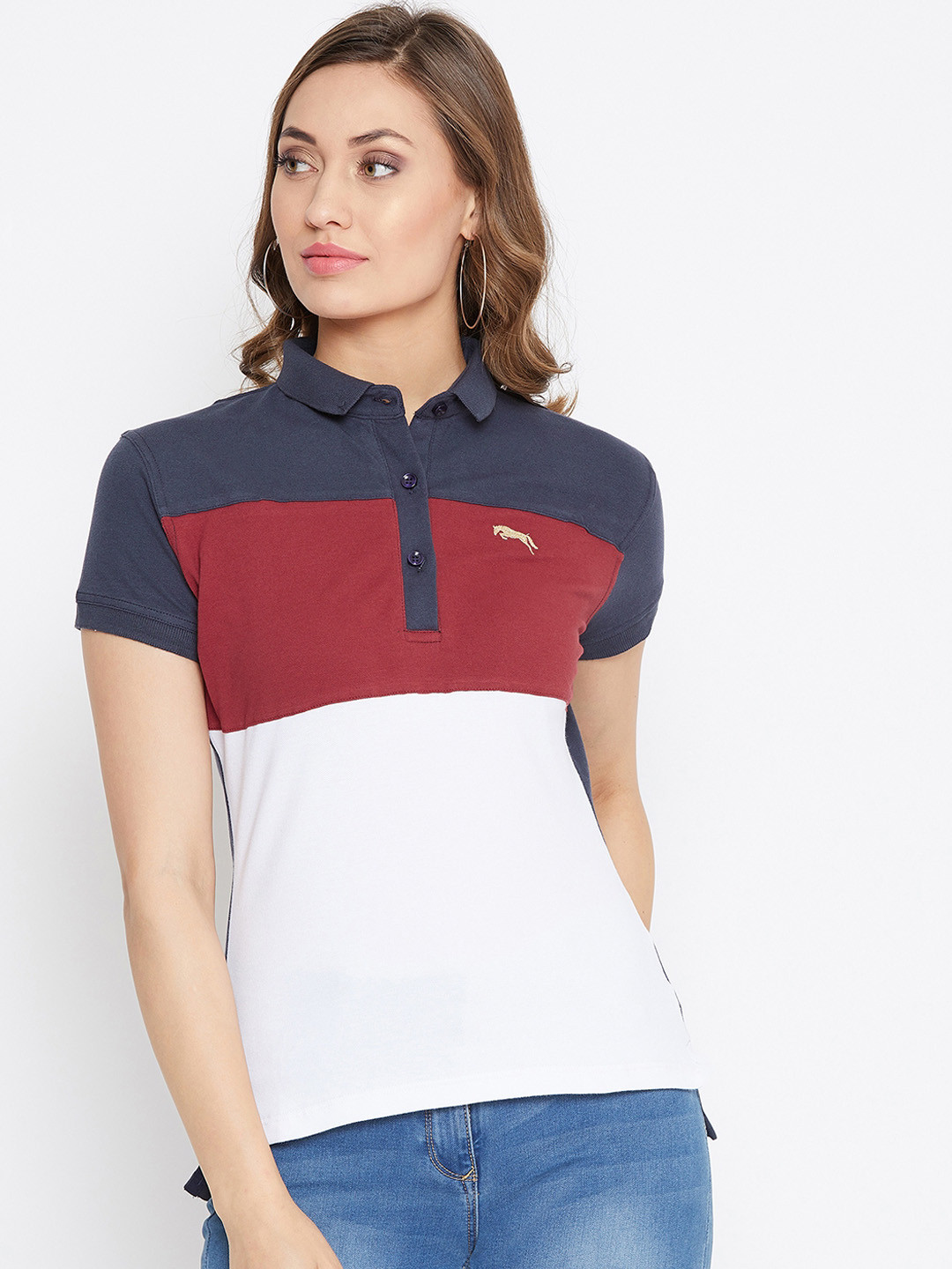 

JUMP USA Women Navy Blue & White Colourblocked Polo Collar T-shirt