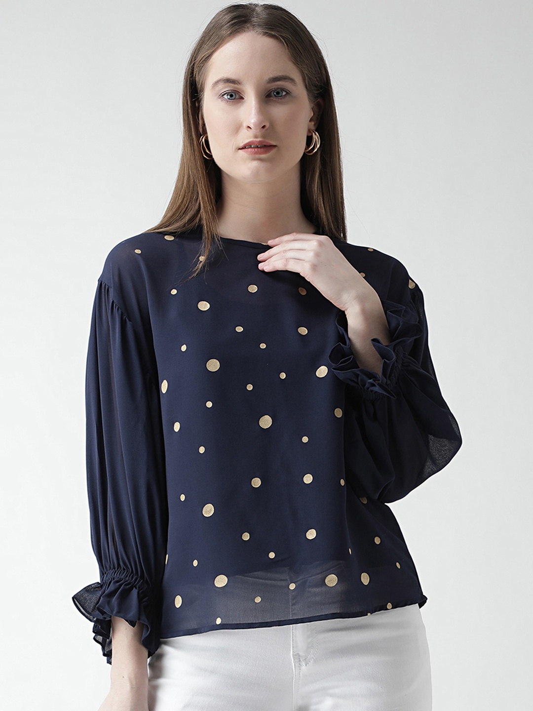 

KASSUALLY Women Navy Blue Polka Dot Top