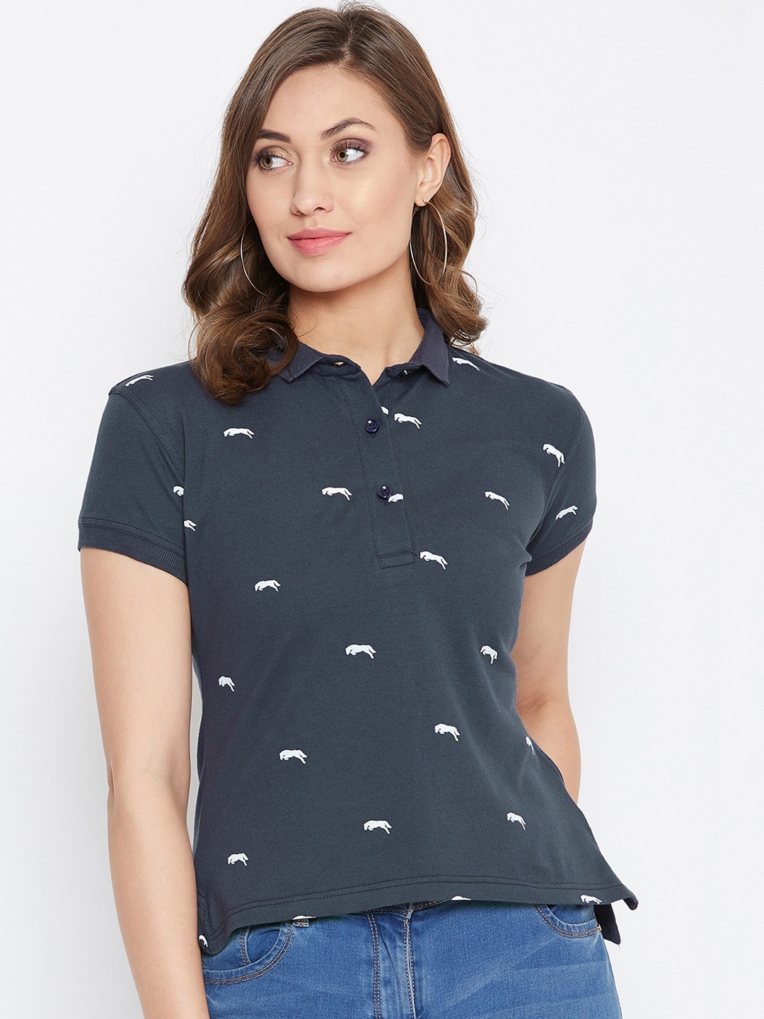 

JUMP USA Women Navy Blue Printed Polo Collar T-shirt