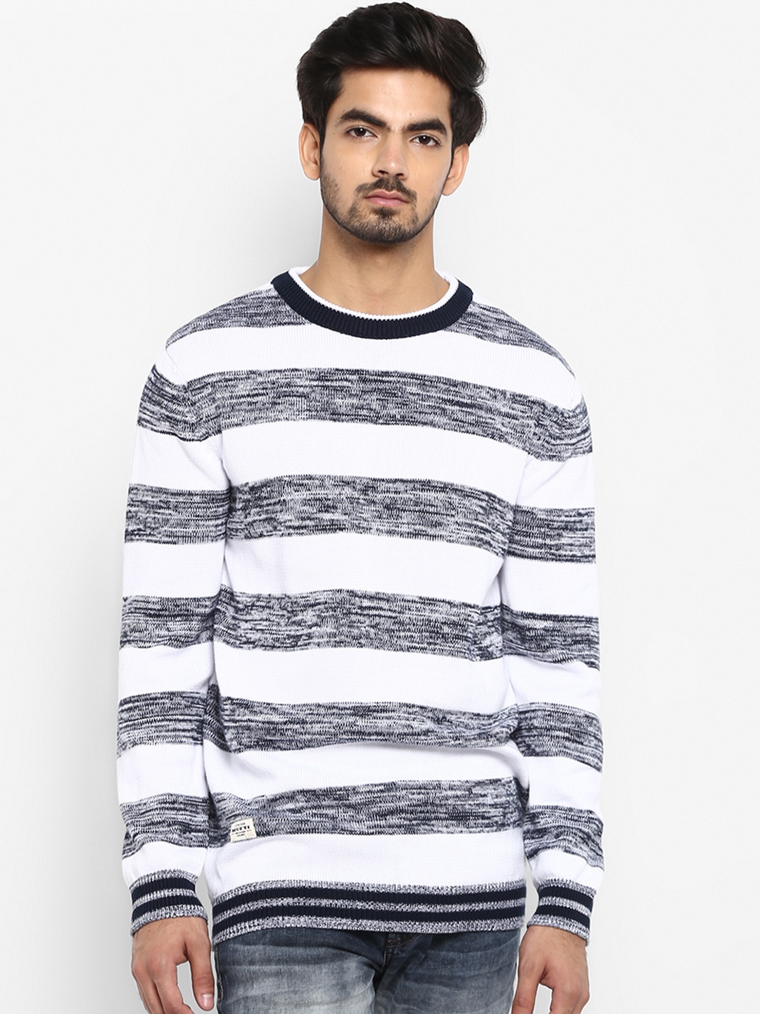 

Mufti Men White & Navy Blue Striped Sweater