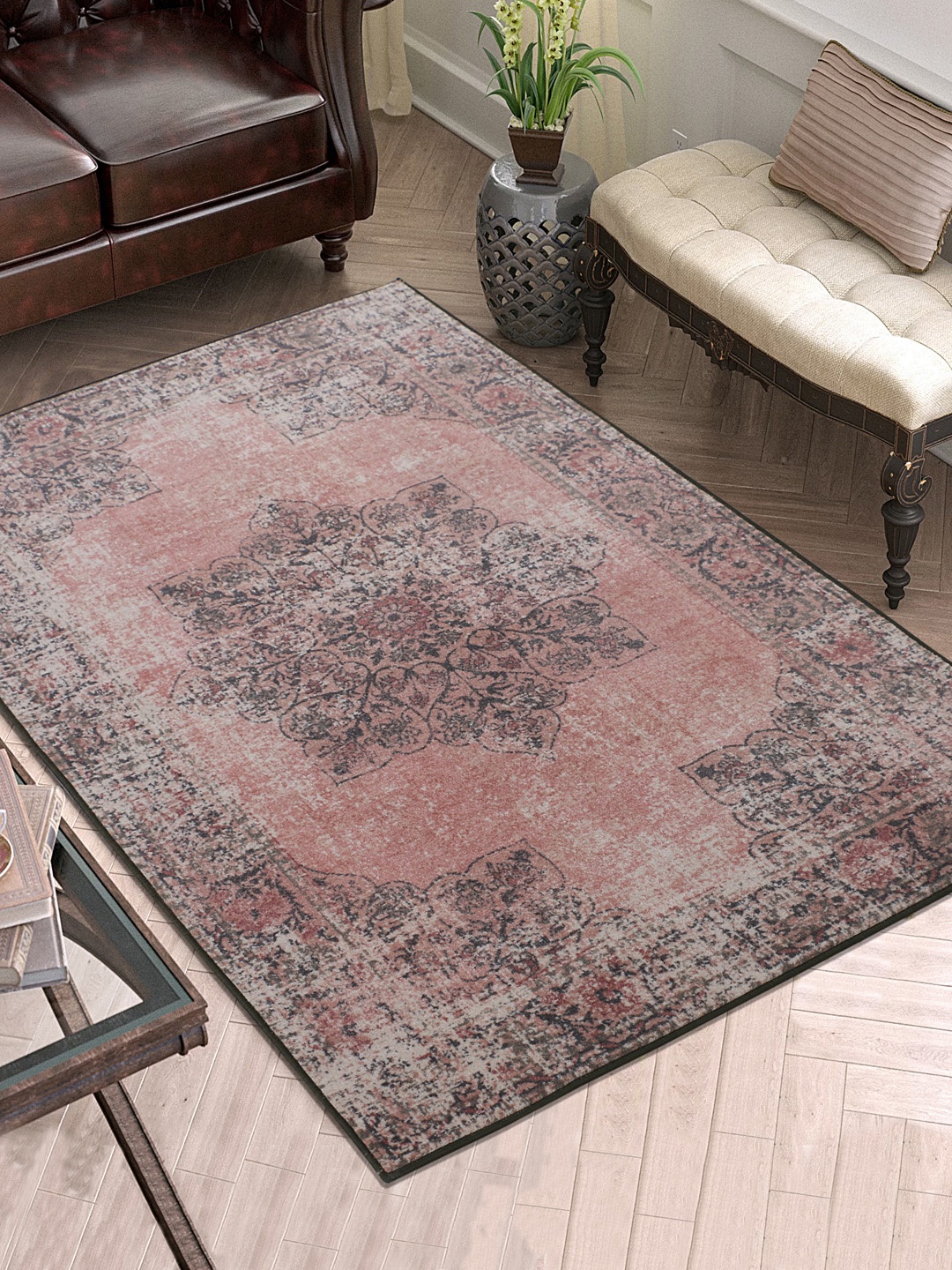 RUGSMITH Pink & Black Patterned Anti-Skid Carpet