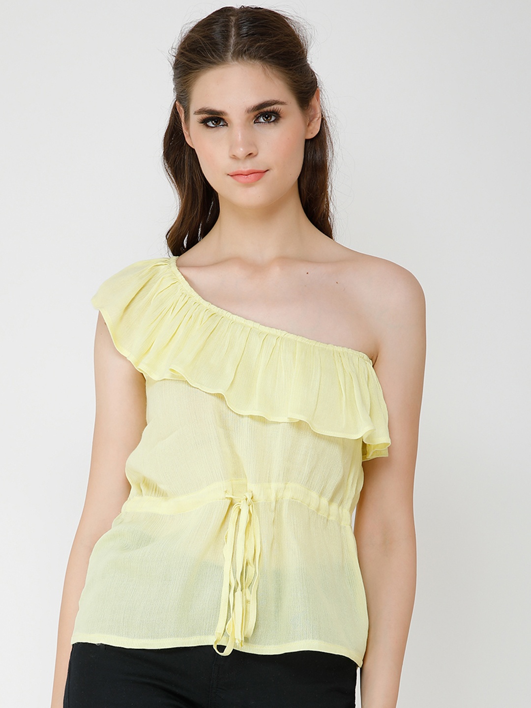 

Cation Women Yellow Solid Cinched Waist Top