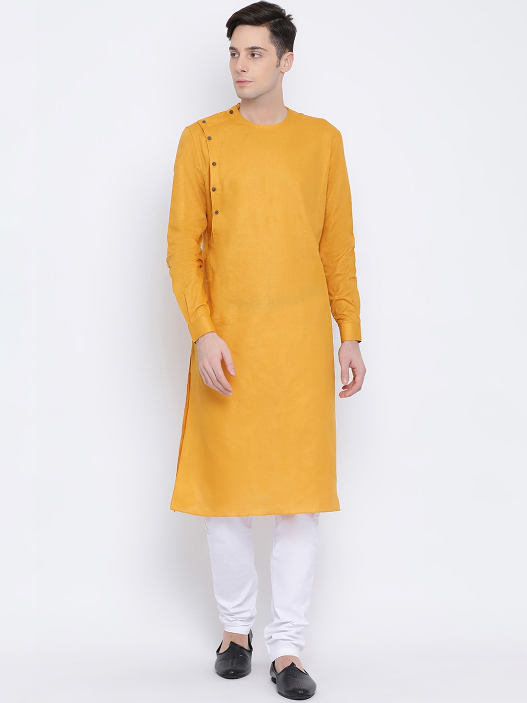 

NAMASKAR Men Mustard Yellow Regular Pure Cotton Kurta with Churidar