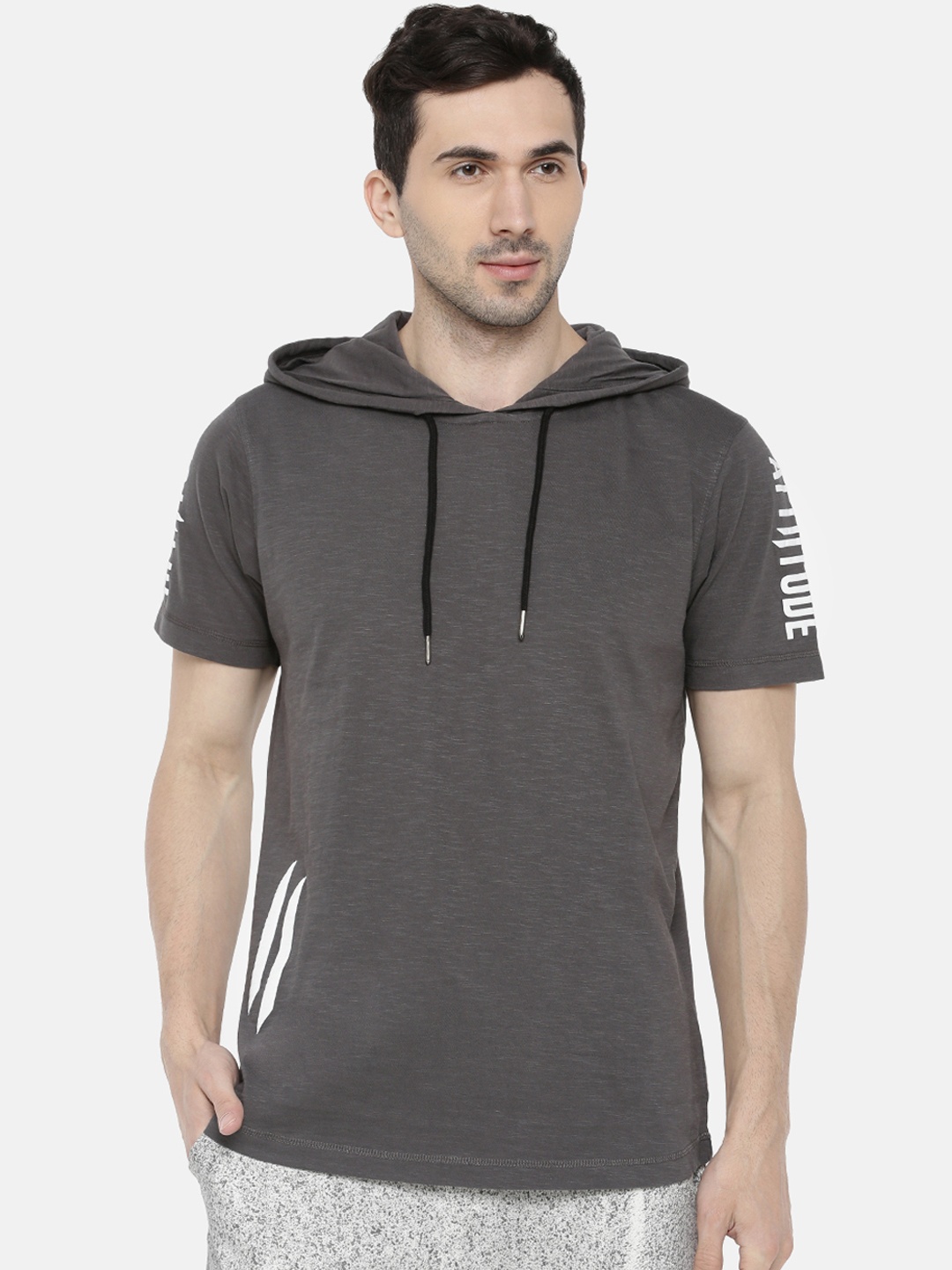 

ATTIITUDE Men Grey Solid Hood Slim Fit T-shirt