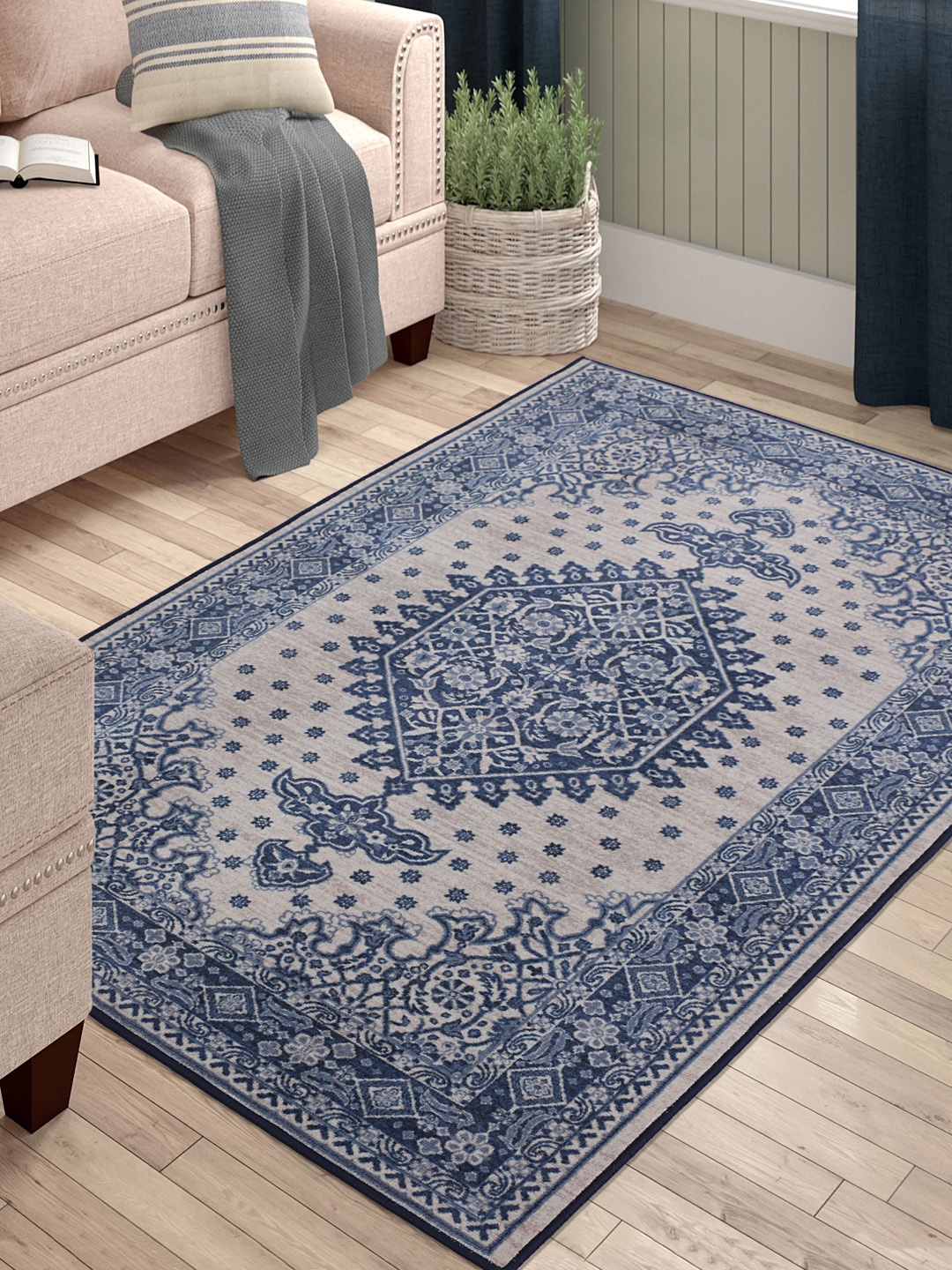 

RUGSMITH Grey & Blue Patterned Anti-Skid Carpet