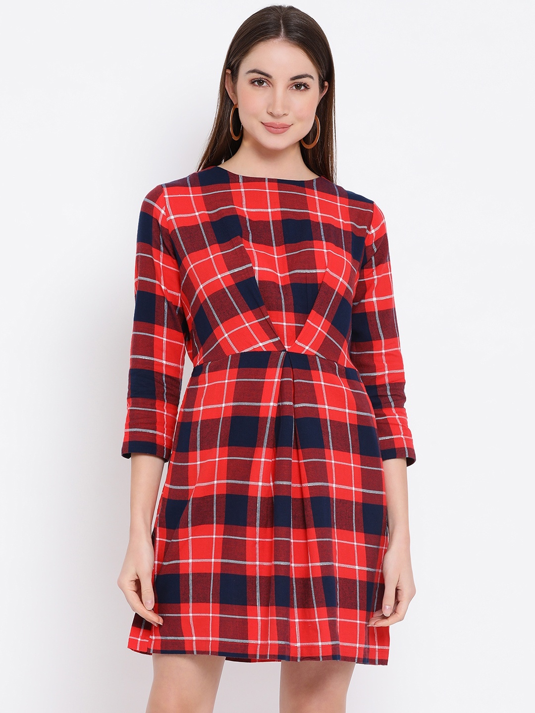 

Oxolloxo Women Red & Black Checked Fit and Flare Dress