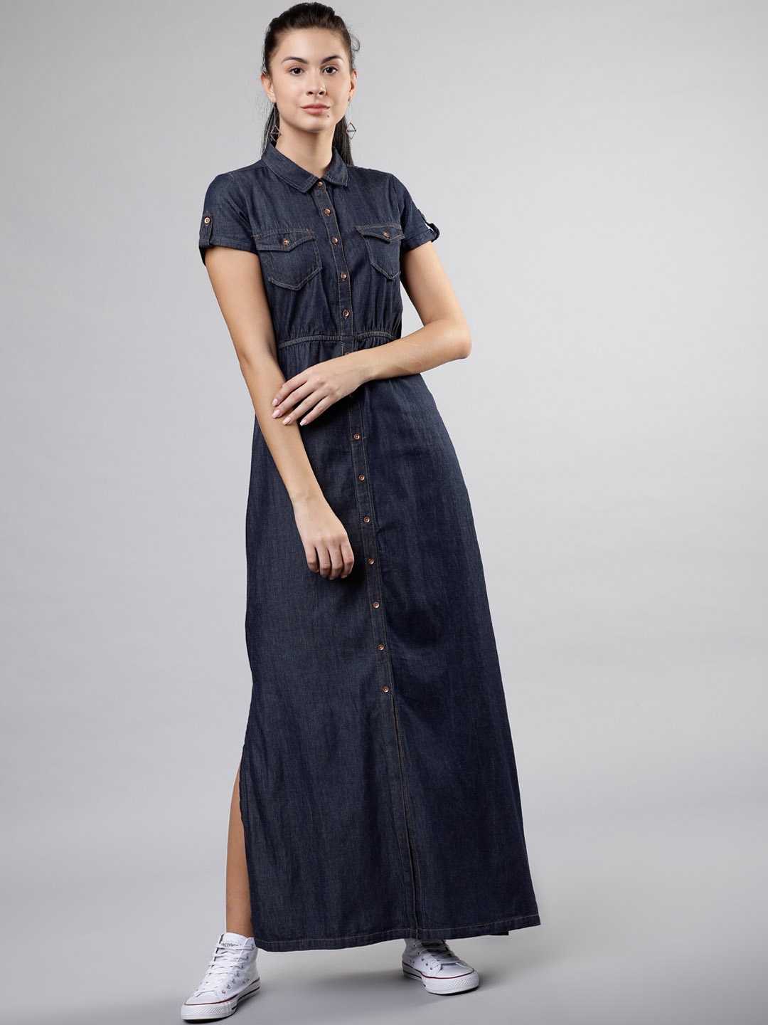 Tokyo Talkies Women Solid Navy Blue Maxi Dress