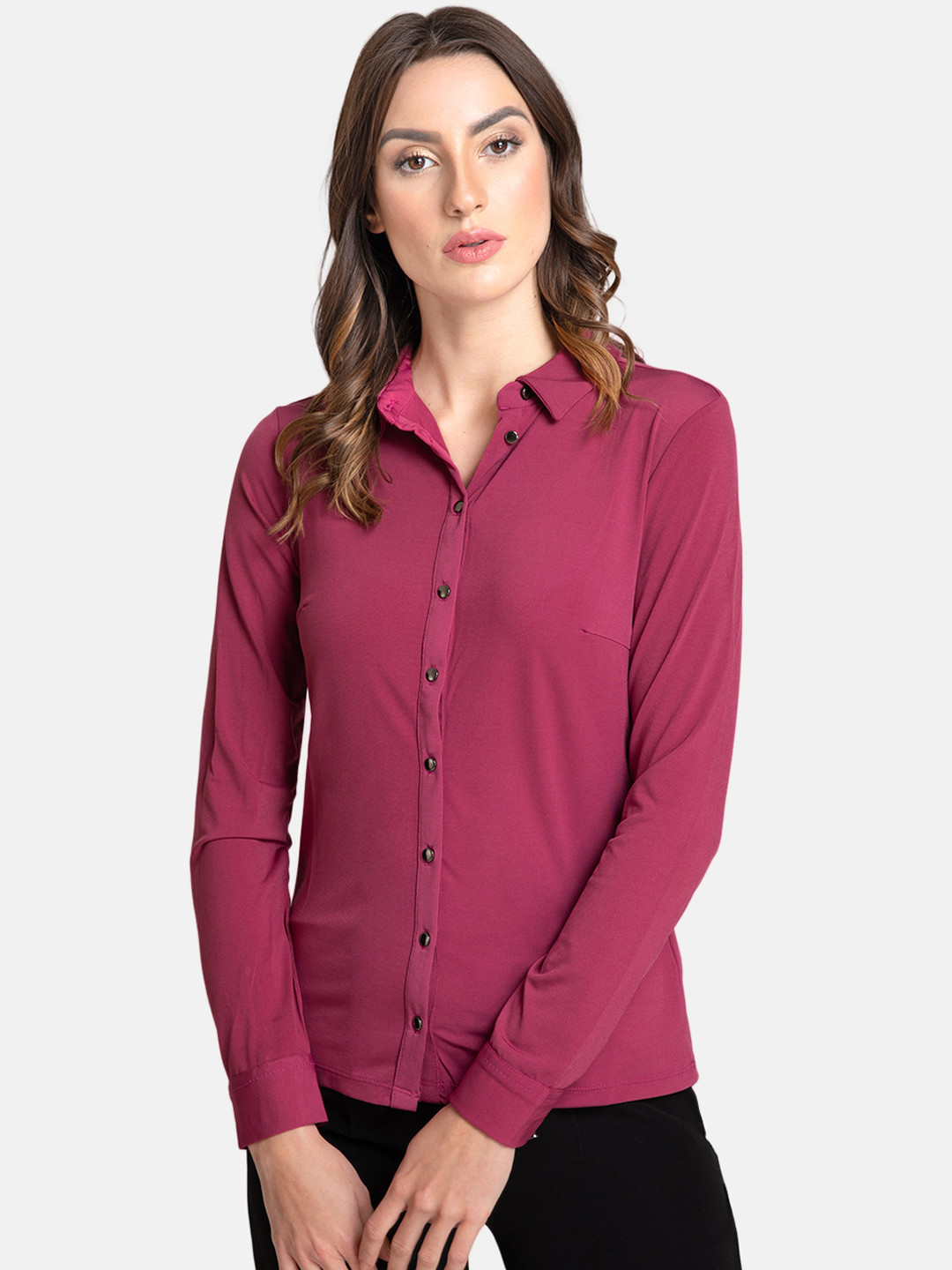 

Kazo Women Burgundy Solid Regular Fit Casual Shirt