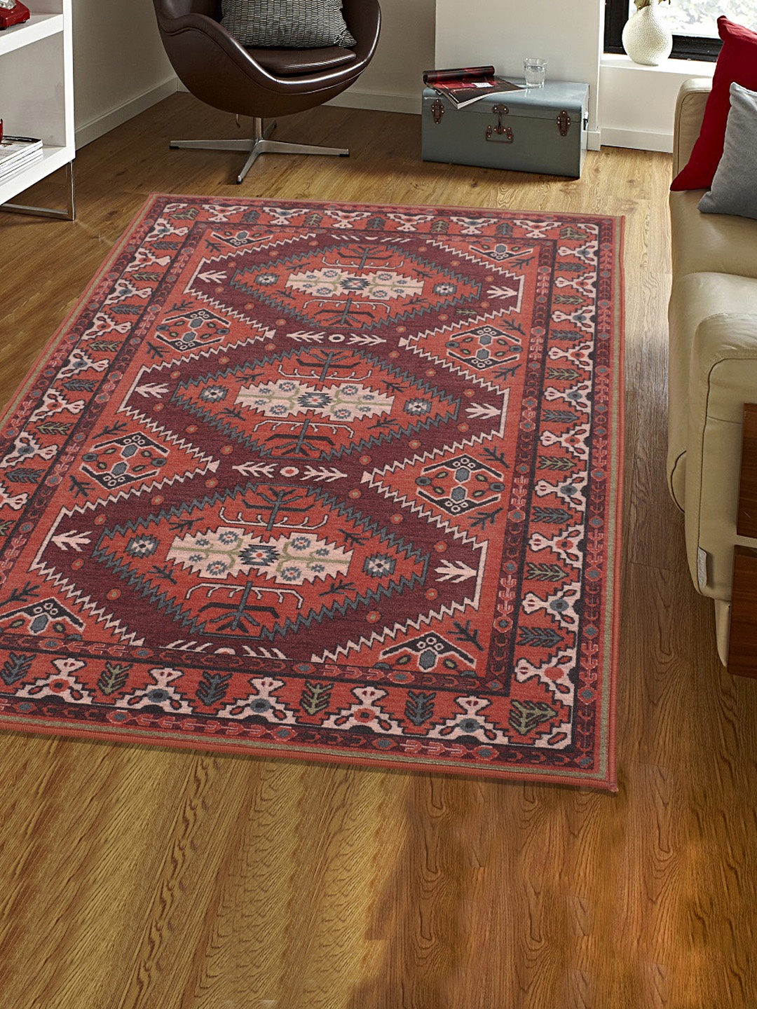

RUGSMITH Maroon & Grey Patterned Anti-Skid Carpet, Pink
