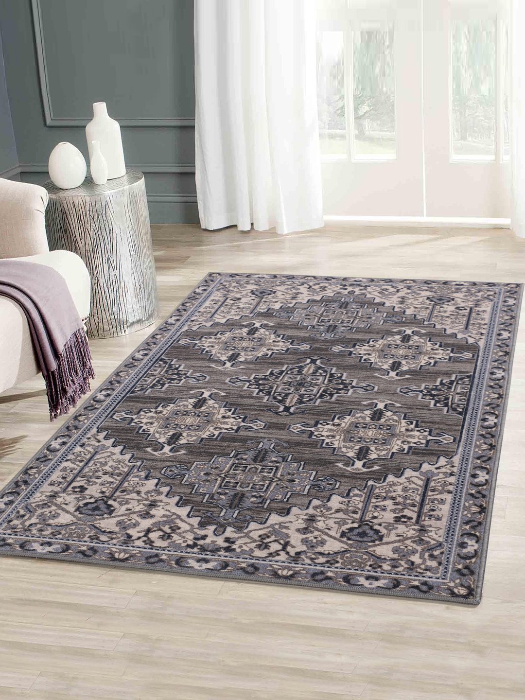 

RUGSMITH Grey & Beige Patterned Anti-Skid Carpet