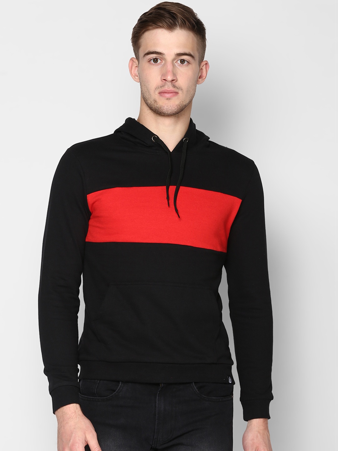 

Urbano Fashion Men Black & Red Colourblocked Hooded Sweatshirt