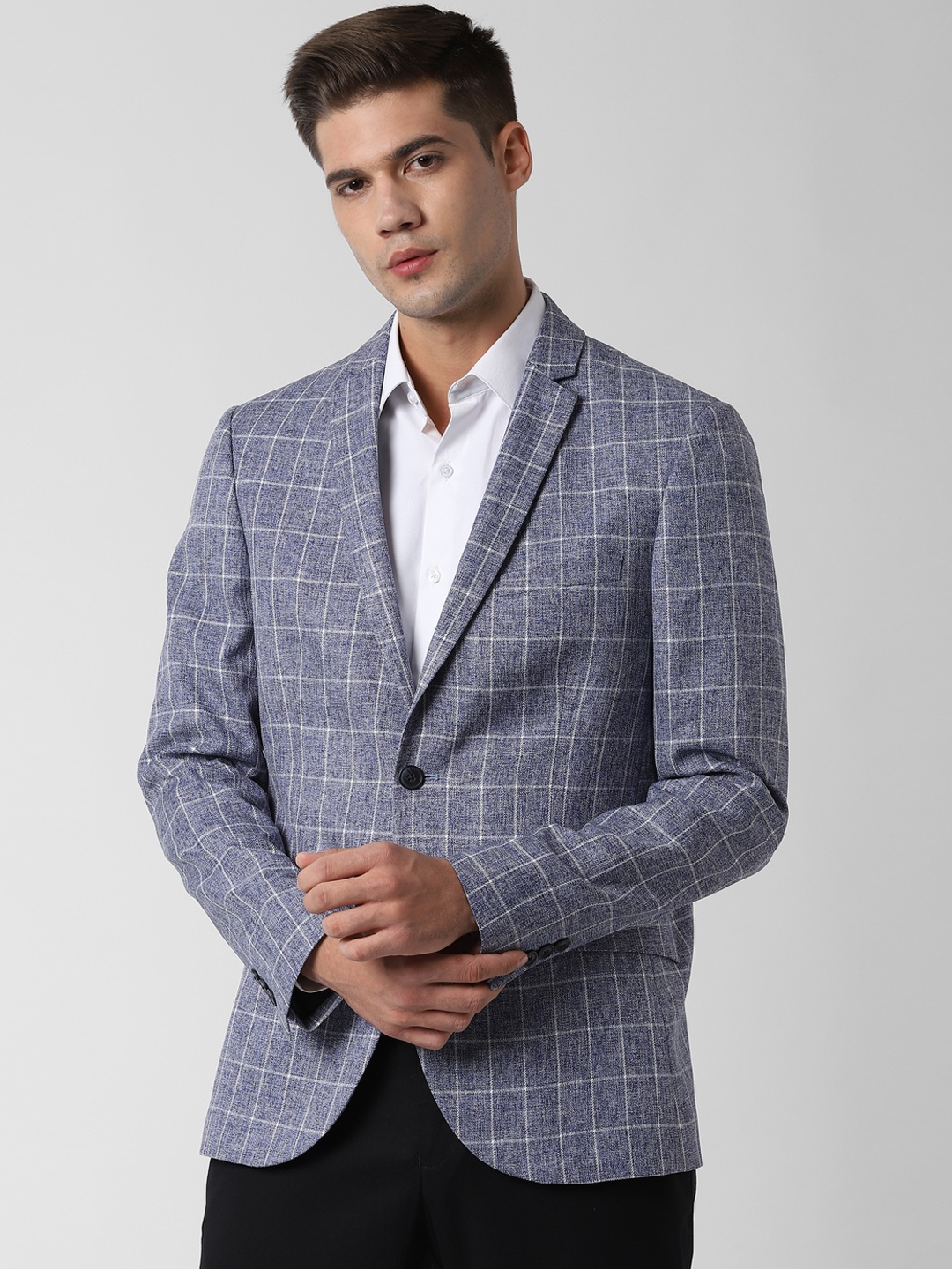 

Peter England Men Blue Checked Slim-Fit Single-Breasted Blazer