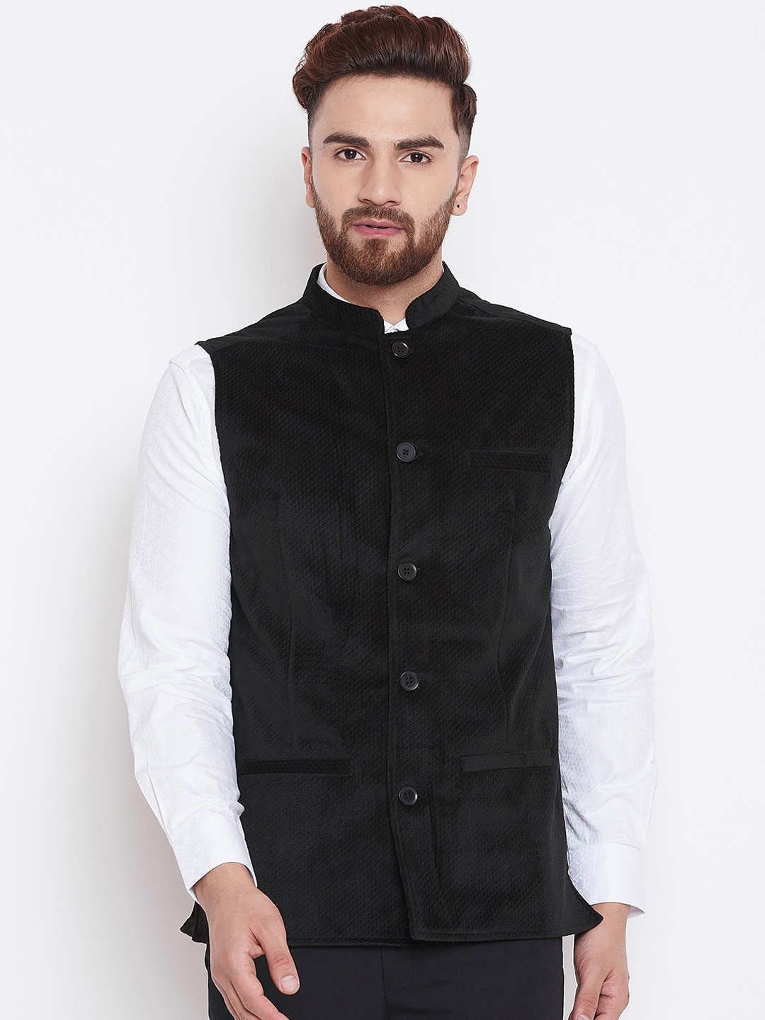 

even Men Black Woven Design Velvet Nehru Jacket