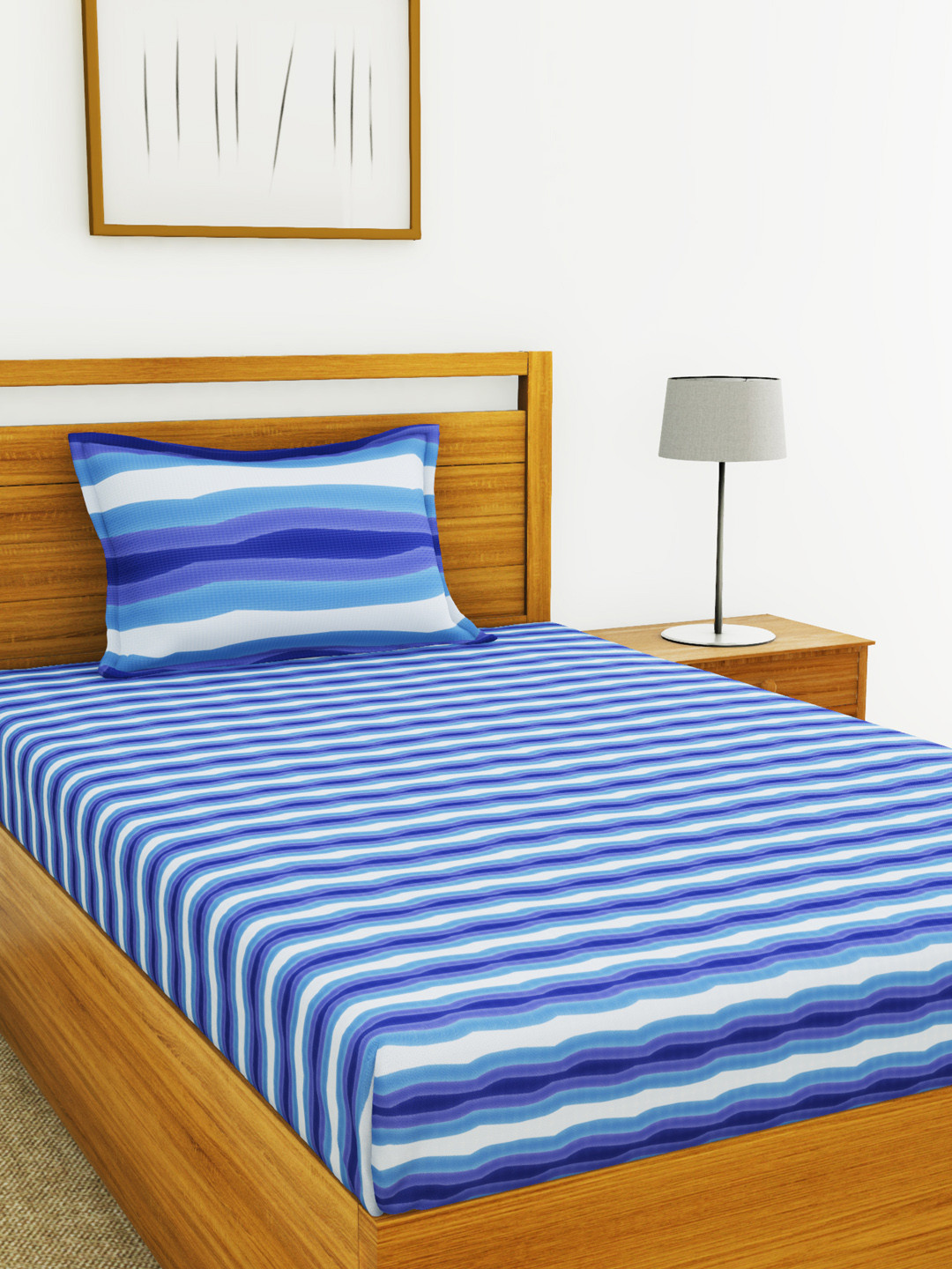 

BIANCA Blue & Navy Blue Striped 144 TC Cotton 1 Single Bedsheet with 1 Pillow Covers