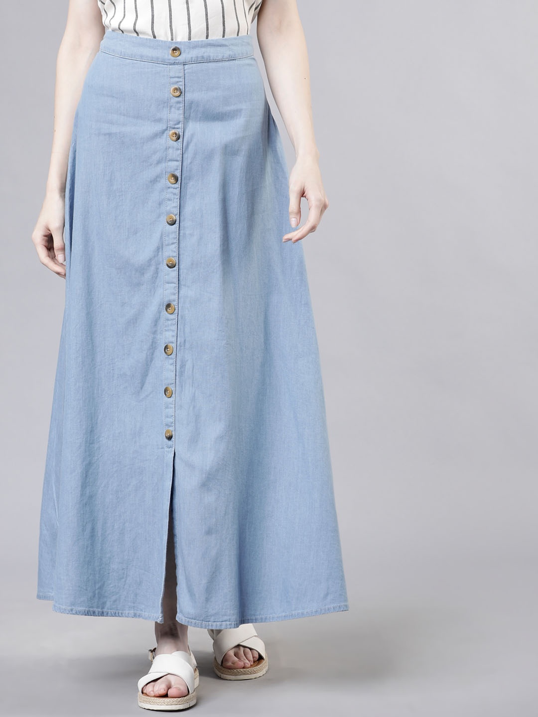 Basics By Tokyo Talkies Women Blue Solid Denim Maxi Skirt