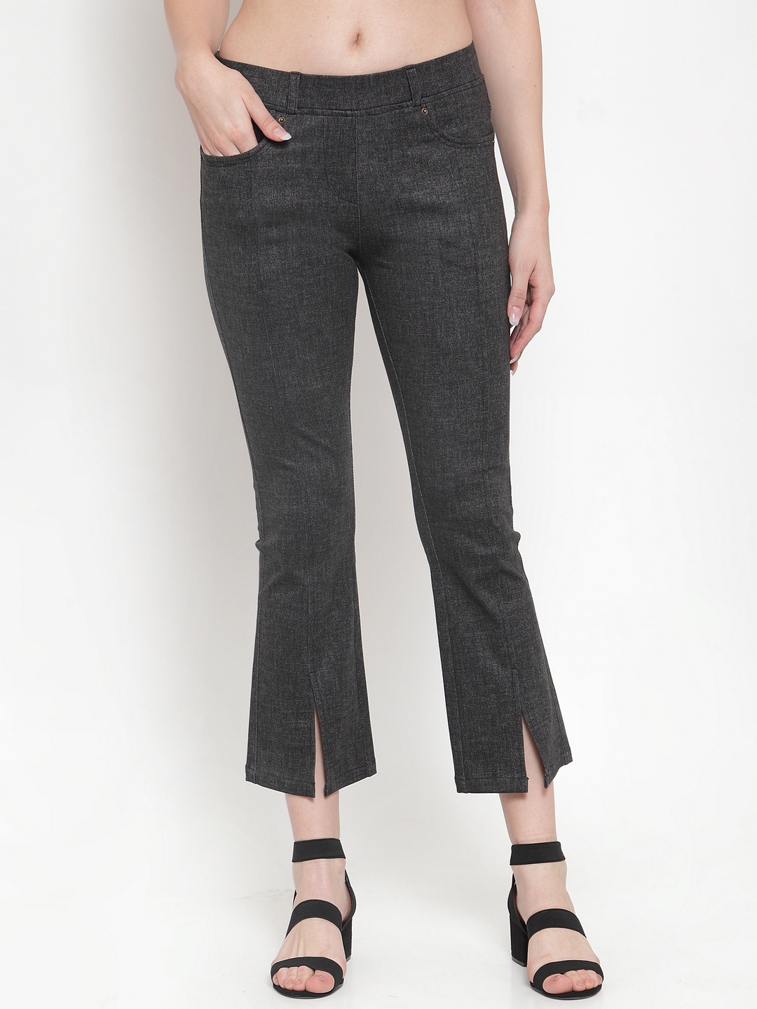 Westwood Women Charcoal Black Slim Fit Solid Bootcut Trousers