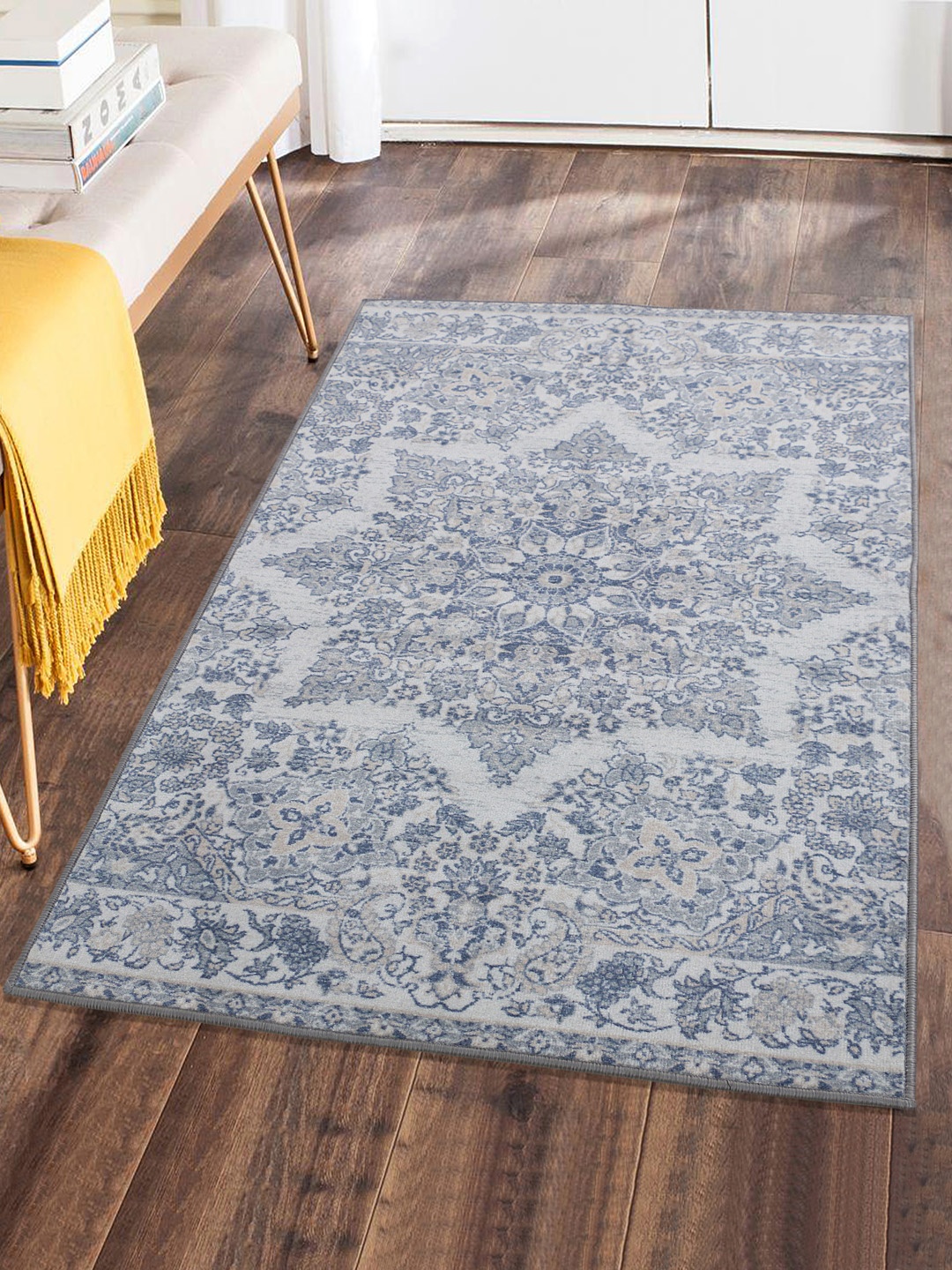 

RUGSMITH Grey & Blue Printed Anti-Skid Carpet