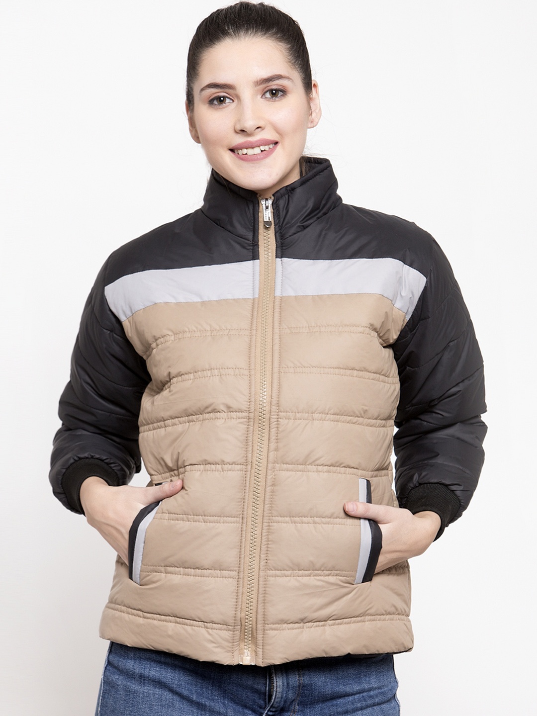 

VOXATI Women Beige Colourblocked Padded Jacket