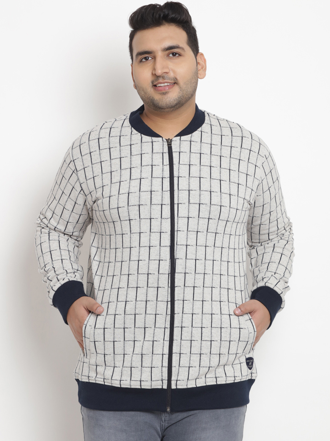 

John Pride Plus Size Men Off-White Navy Blue Checked Front-Open Sweatshirt