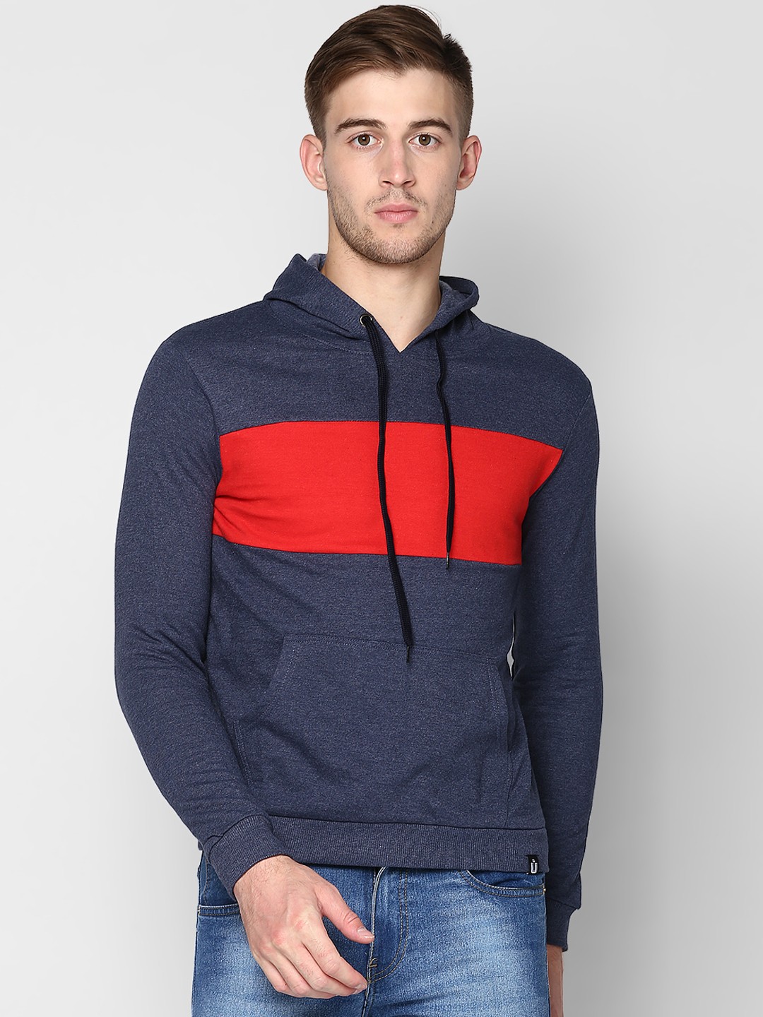 

Urbano Fashion Men Navy Blue & Red Colourblocked Hooded Sweatshirt