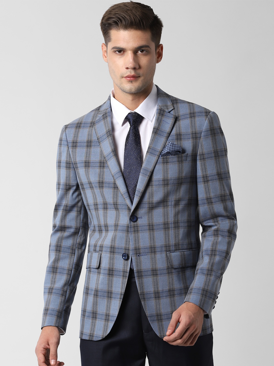 

Peter England Men Blue Checked Slim-Fit Single-Breasted Blazer