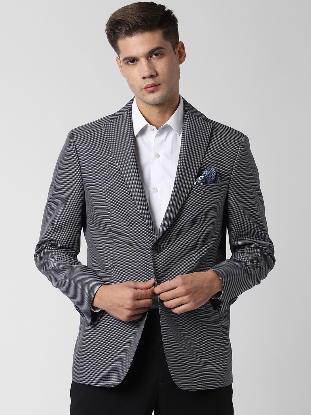

Peter England Men Navy Blue & Grey Self-Design Slim-Fit Single-Breasted Blazer