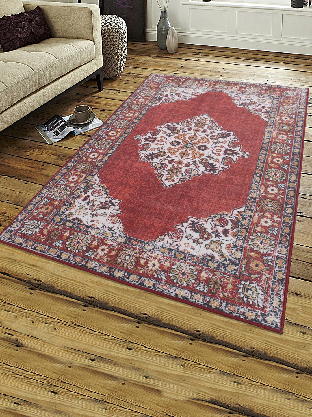 

RUGSMITH Red & Off-White Printed Anti-Skid Carpet