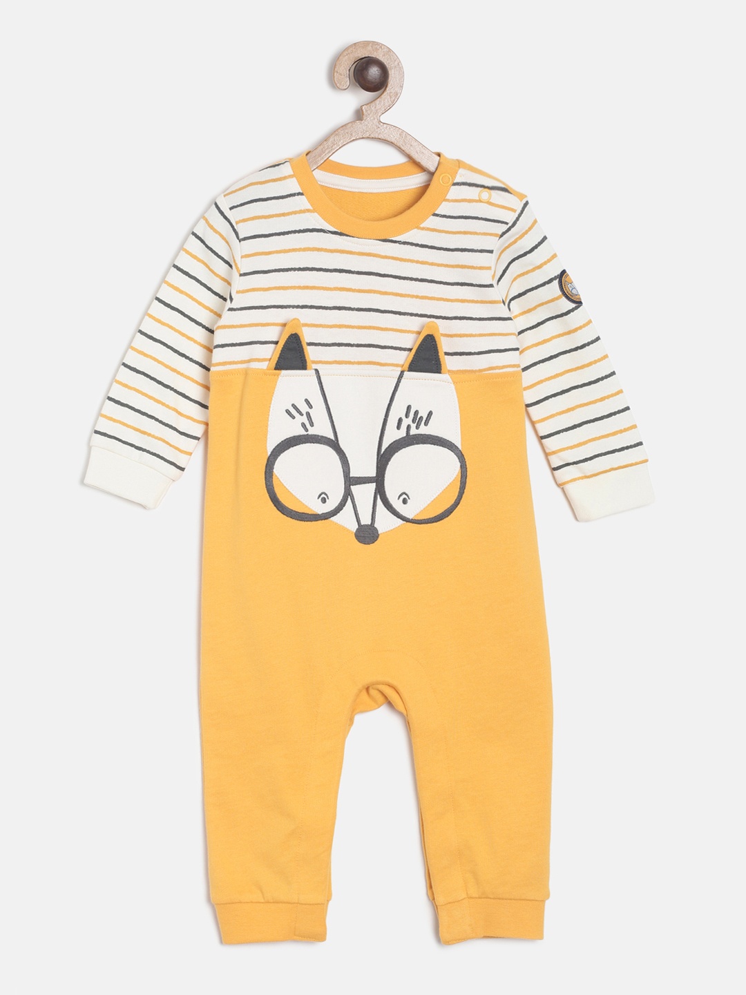 

MINI KLUB Boys Yellow & Off-White Striped Pure Cotton Romper