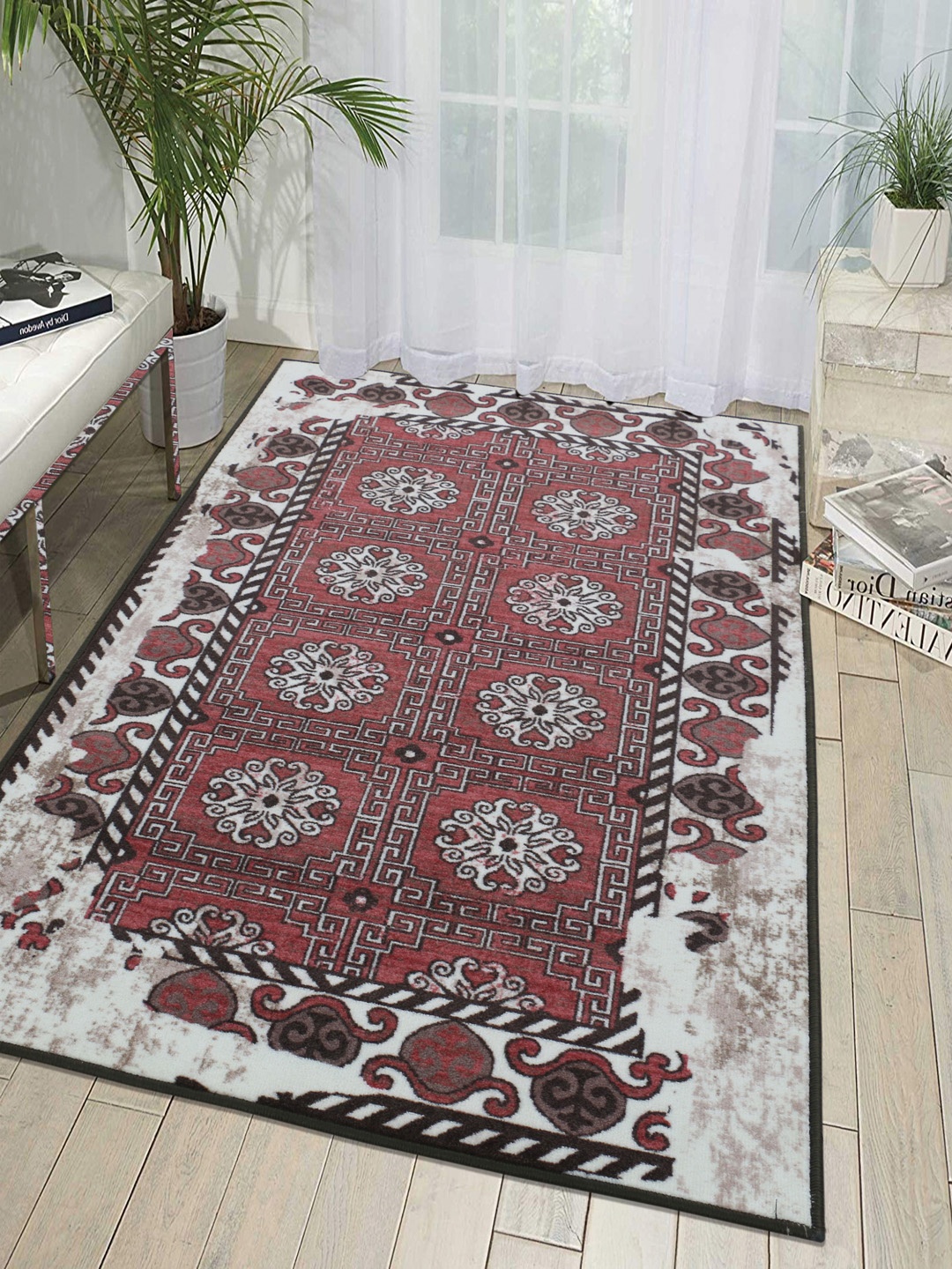 

RUGSMITH Maroon & Off-White Printed Anti-Skid Carpet