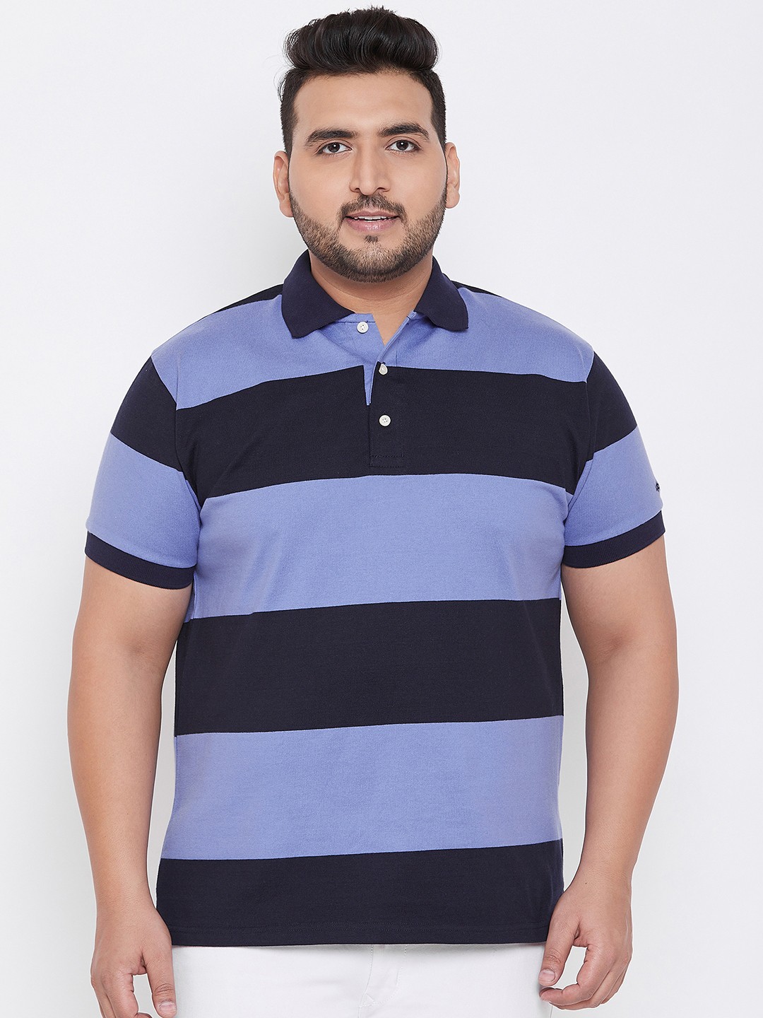 

bigbanana Plus Size Men Blue Striped Polo Collar Bio Finish Pure Cotton T-shirt