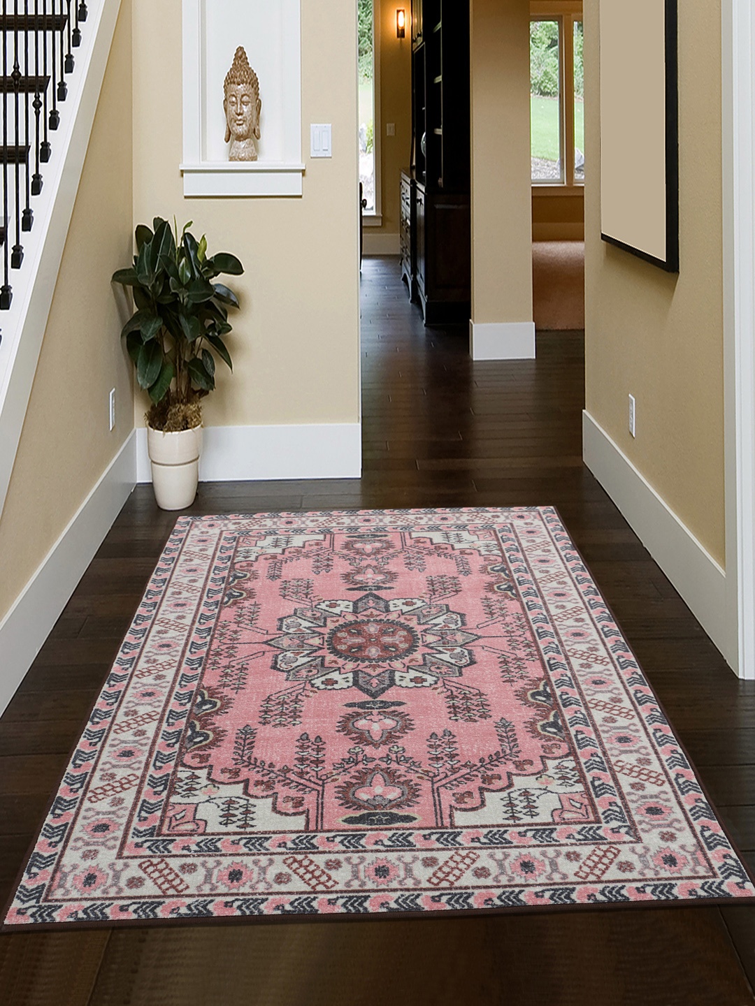 

RUGSMITH Pink & Grey Printed Anti-Skid Carpet