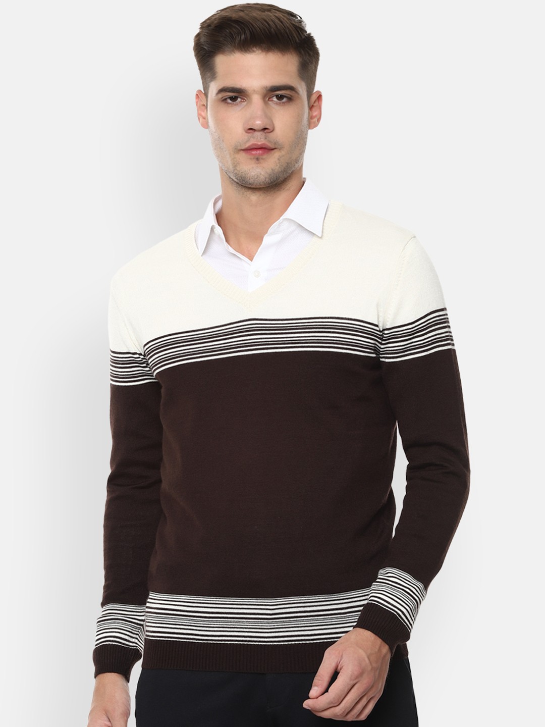 

Van Heusen Men Brown & White Striped Sweater