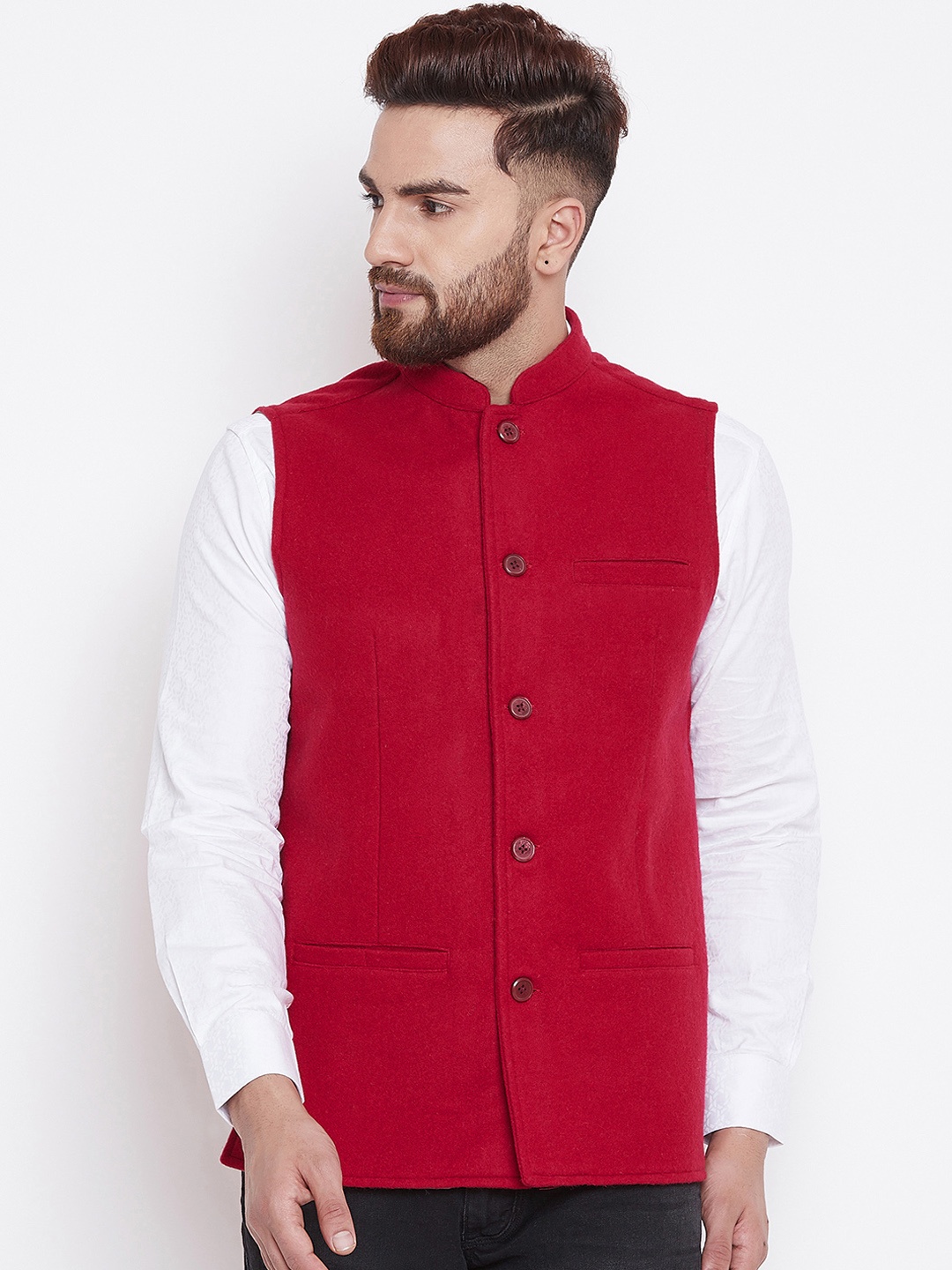 

even Men Red Solid Velvet Nehru Jacket