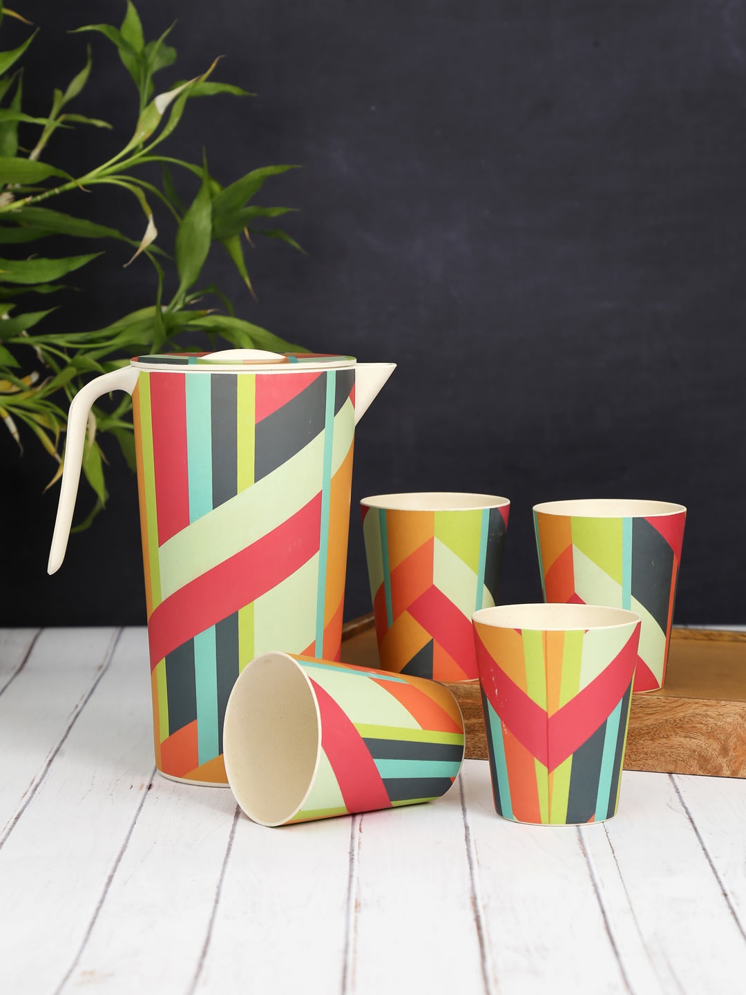 

India Circus by Krsnaa Mehta Multicoloured Set Of 5 Printed Bamboo Water Jug, Multi
