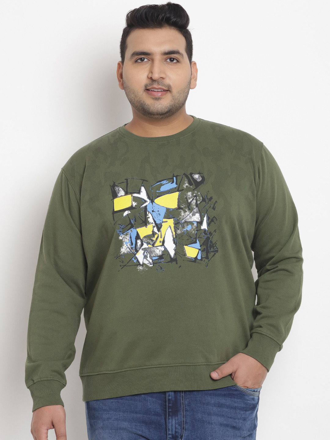 

John Pride Plus Size Men Olive Green Printed Sweatshirt