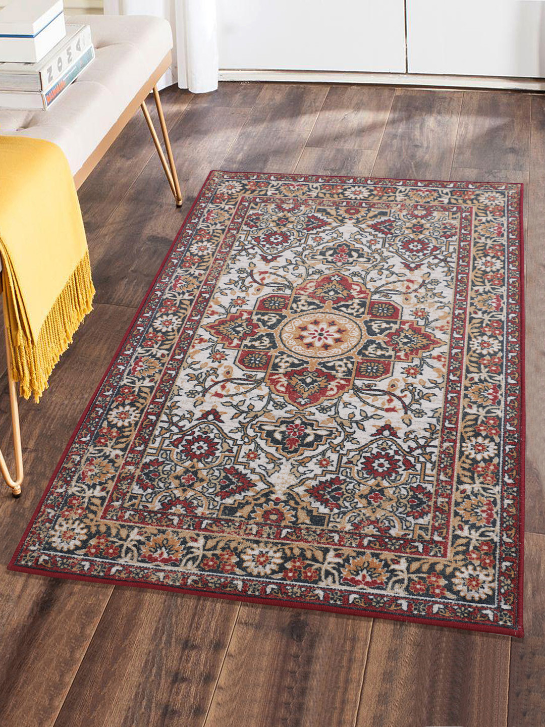 

RUGSMITH Maroon & Beige Printed Anti-Skid Carpet
