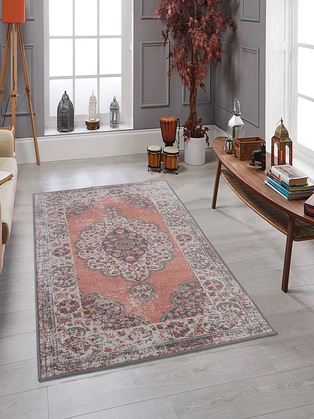 

RUGSMITH Orange & Grey Printed Anti-Skid Carpet