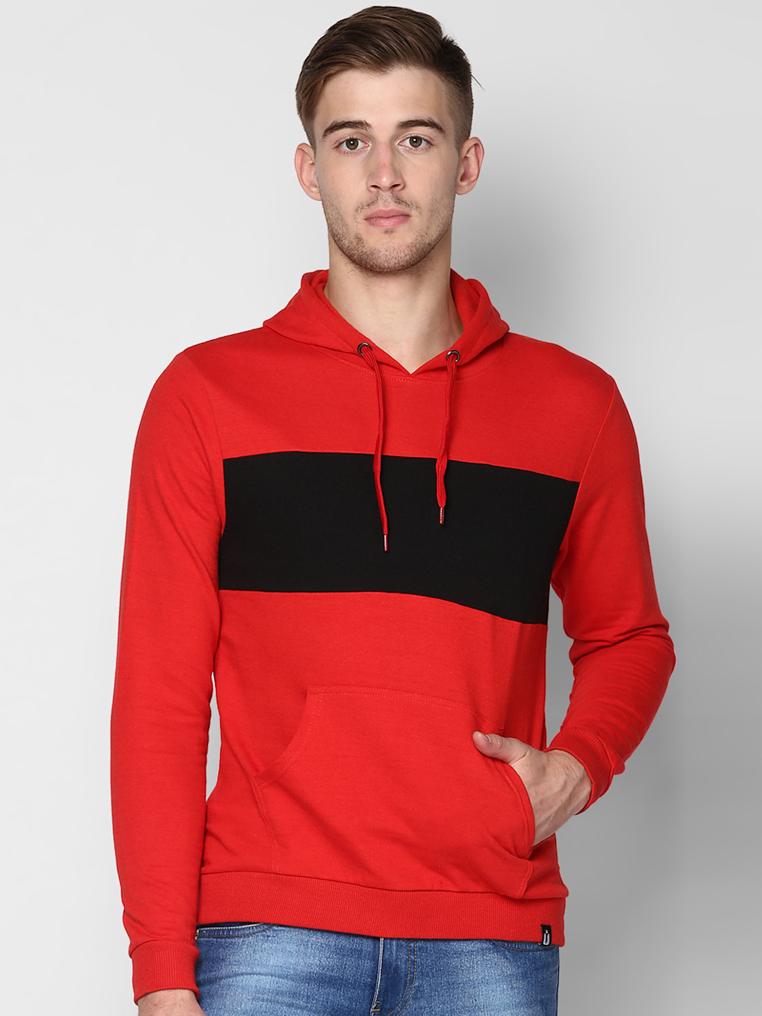 

Urbano Fashion Men Red & Black Colourblocked Hooded Sweatshirt
