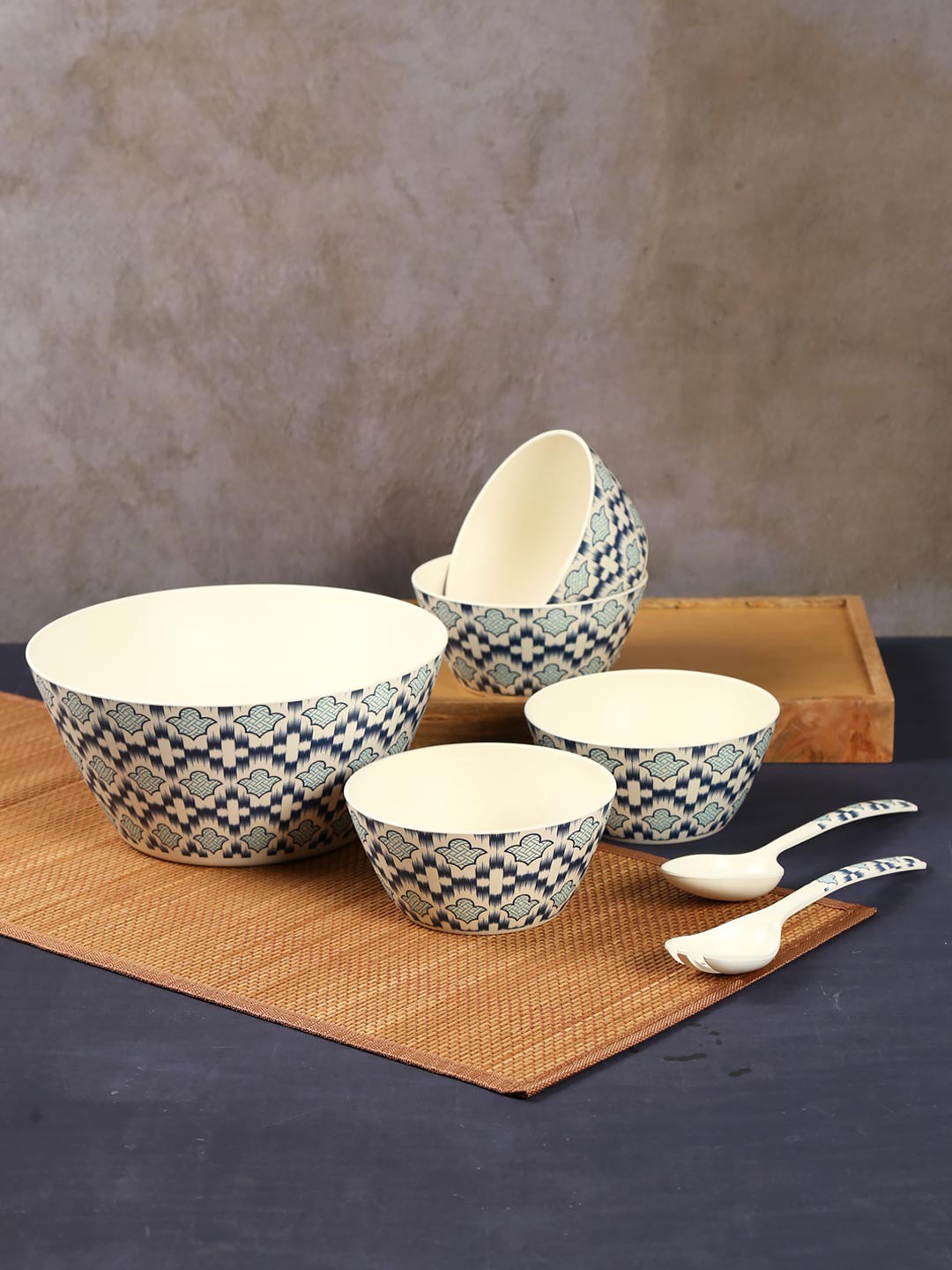 

India Circus by Krsnaa Mehta Blue 7-Pieces Printed Bamboo Bowls Set