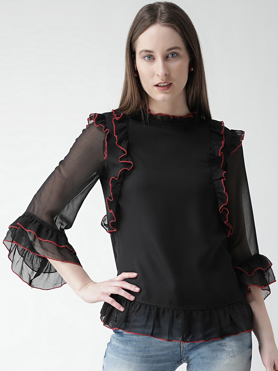 

KASSUALLY Black Ruffles Georgette Top