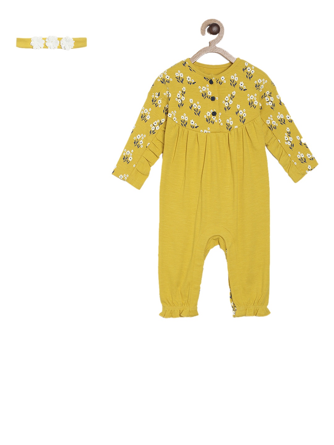 

MINI KLUB Girls Yellow Printed Pure Cotton Romper with a hairband