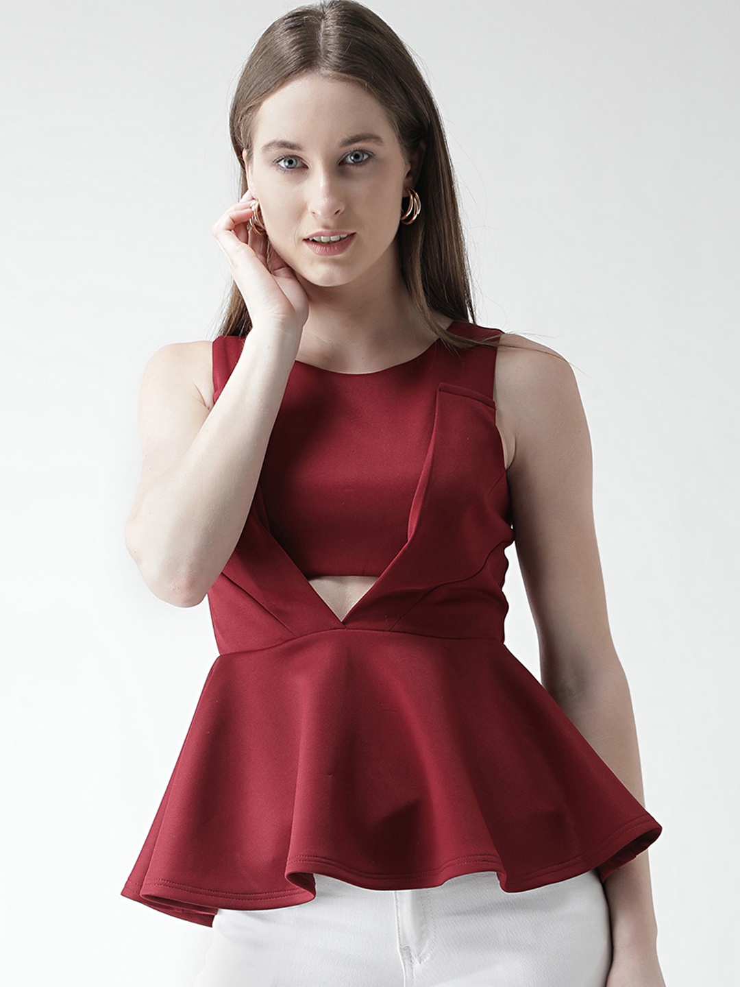 KASSUALLY Women Maroon Solid Peplum Top