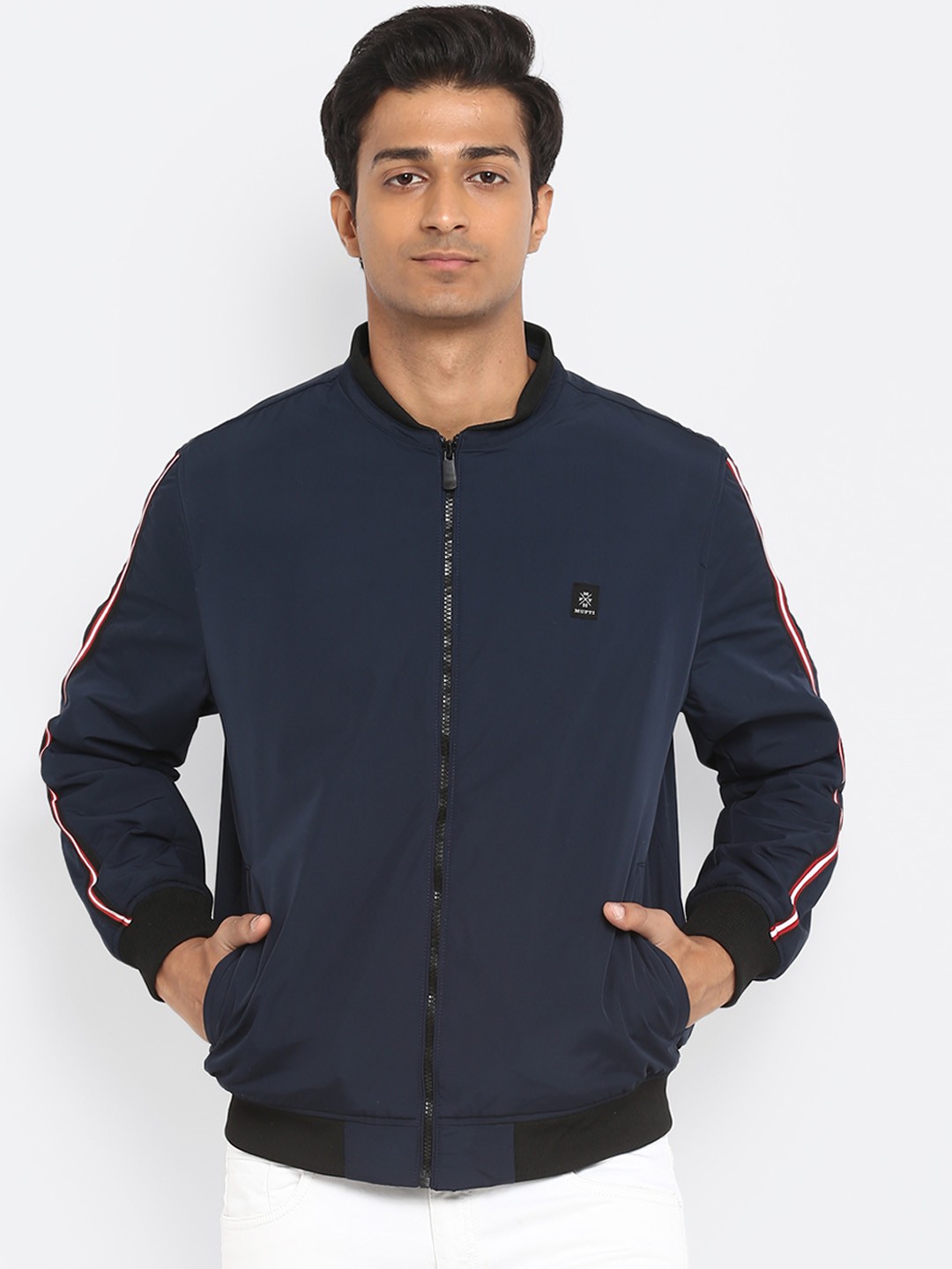 

Mufti Men Navy Blue Striped Padded Jacket