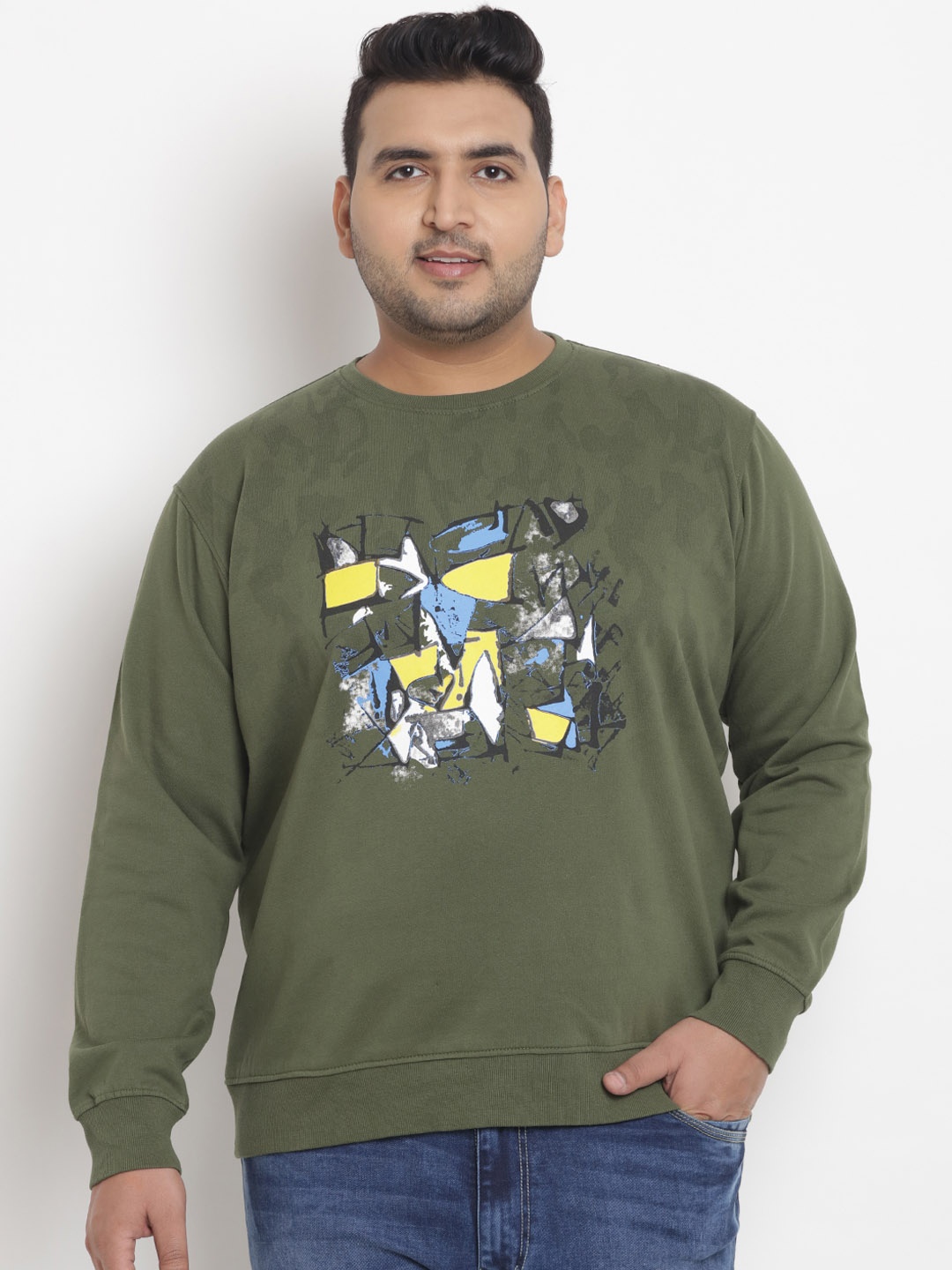 

John Pride Plus Size Men Olive Green Printed Sweatshirt