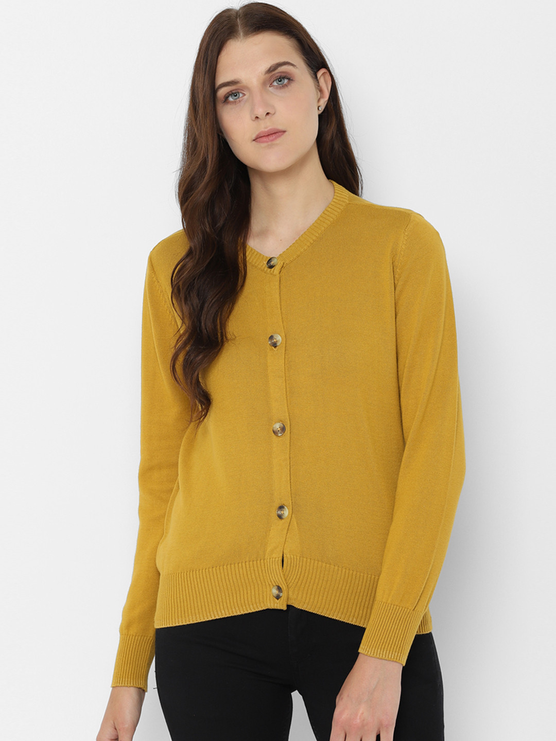 

Allen Solly Women Mustard Orange Solid Cardigan Sweater