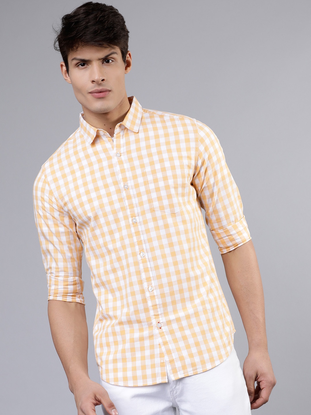 

HIGHLANDER Men Yellow & White Slim Fit Checked Casual Shirt