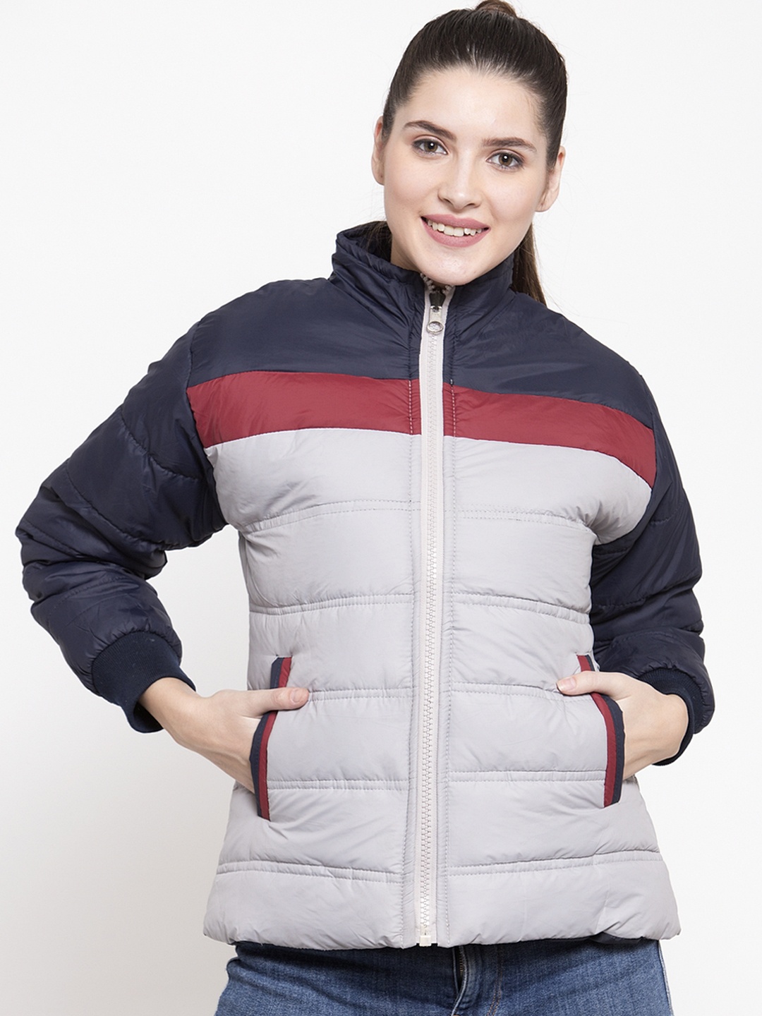 VOXATI Women Grey Colourblocked Padded Jacket